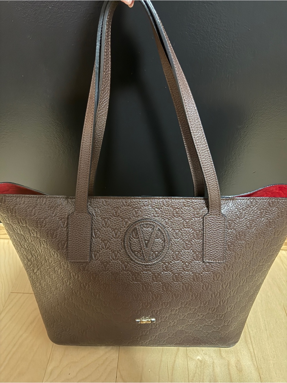 Valentino Brown Leather Embossed Tote with Red Interior